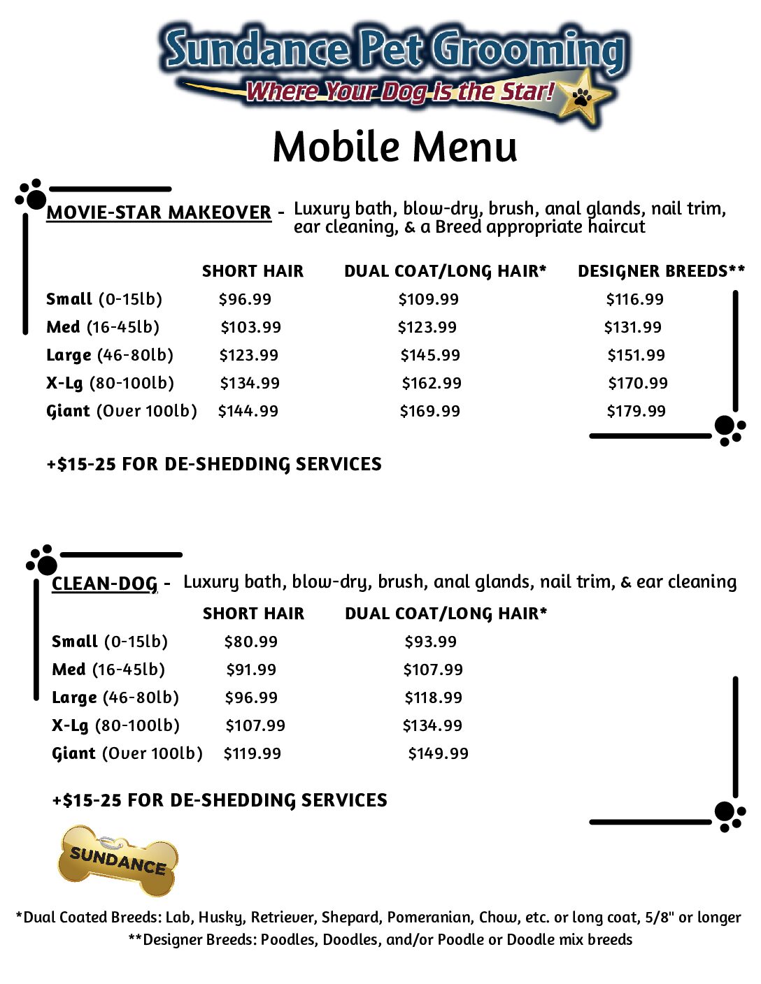 Services Prices Sundance Pet Grooming